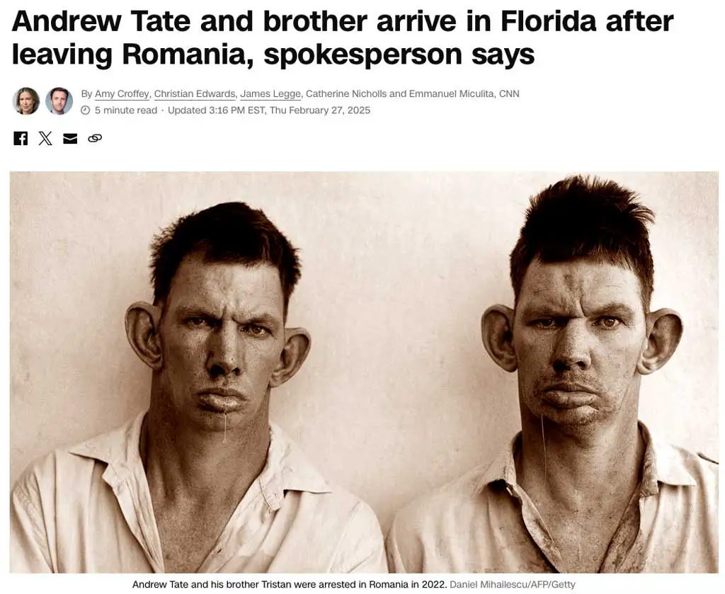 A sepia-toned photo shows two identical-looking men with exaggeratedly large ears and drool dripping from their mouths…