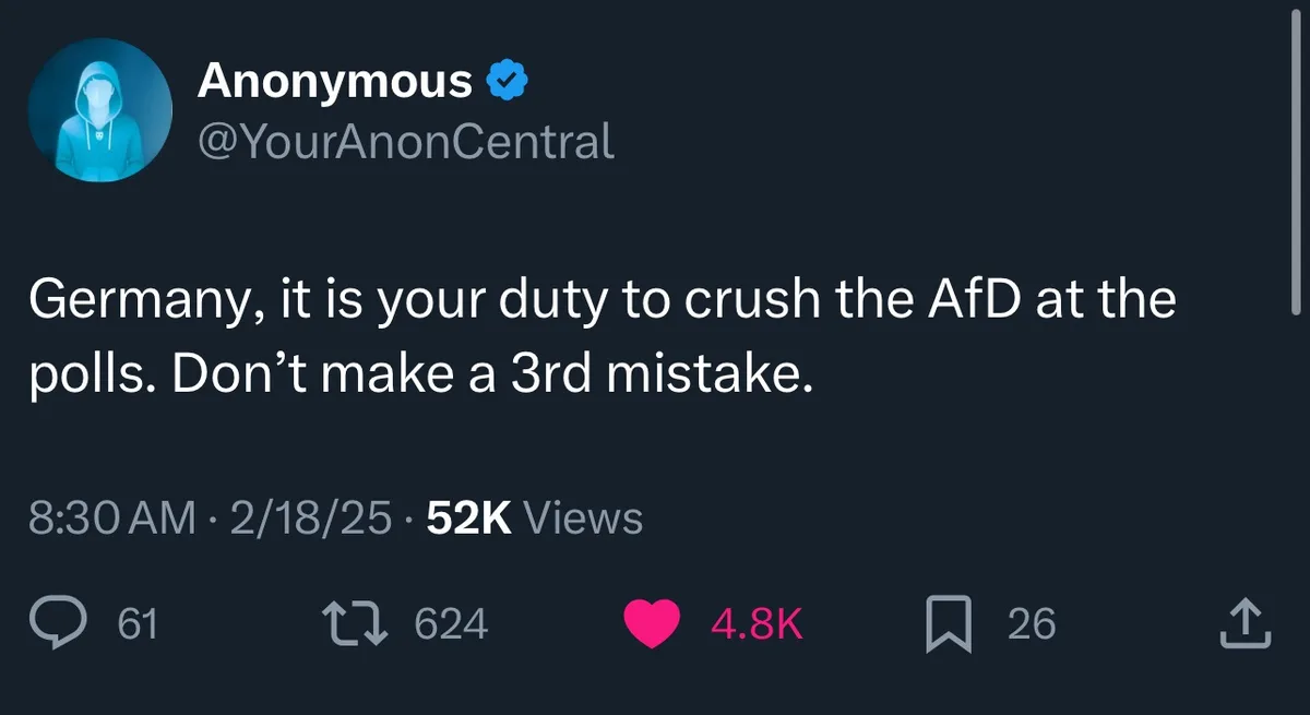 A screenshot of a social media post from an account named 'Anonymous' with a blue hooded avatar, displaying the text…