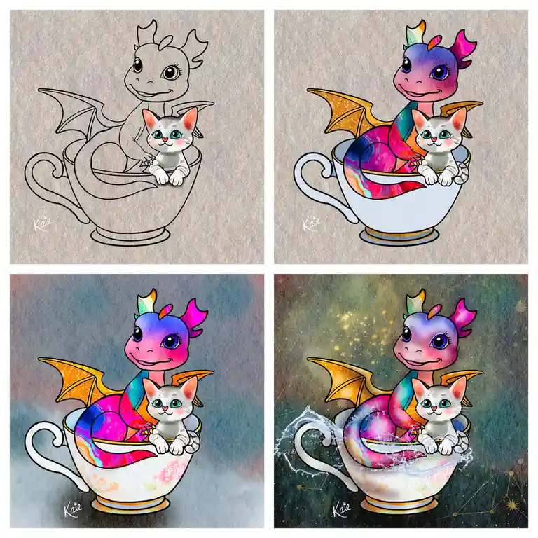 A four-panel image shows a line drawing of a dragon and a kitten in a teacup, then progressively colored and detailed…