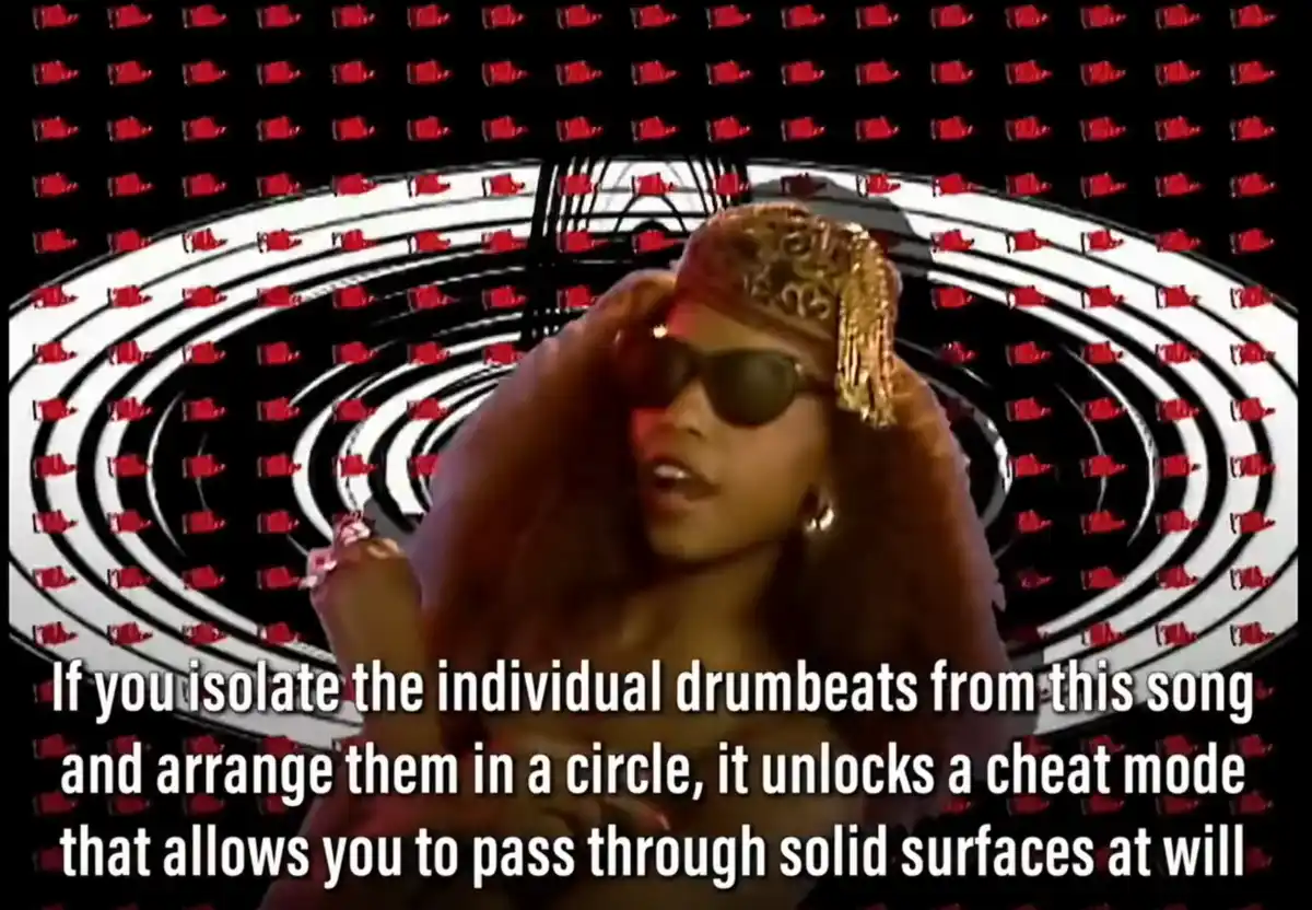 A woman wearing sunglasses and a gold headpiece is shown against a swirling black-and-white spiral background with repeating…