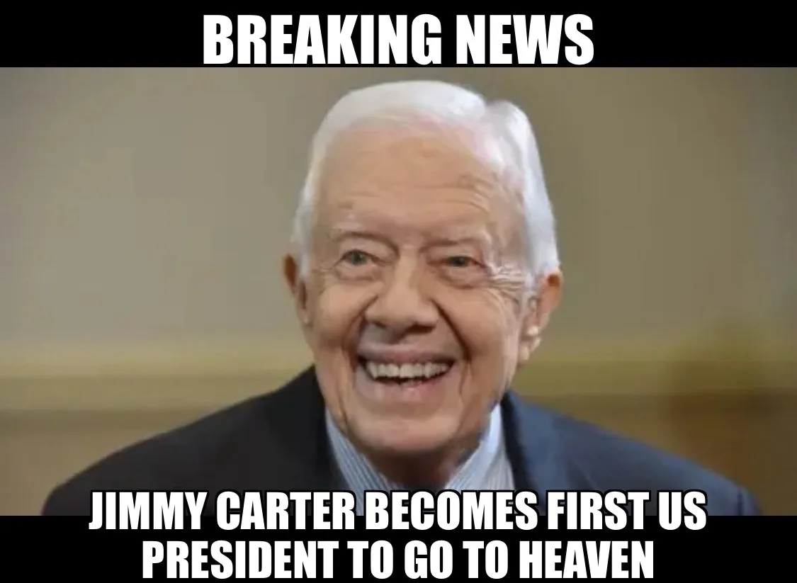 An image of Jimmy Carter smiling broadly, overlaid with bold white text on black bars reading 'BREAKING NEWS' at the top and…