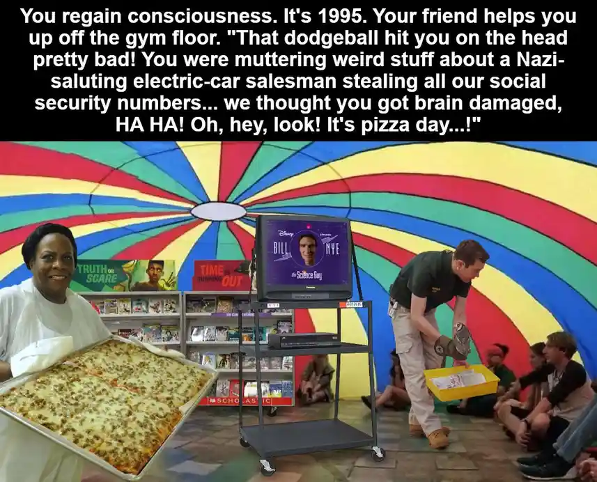 A composite image shows a woman holding a large pizza tray, a man in a gym setting with a dodgeball, and a TV cart…