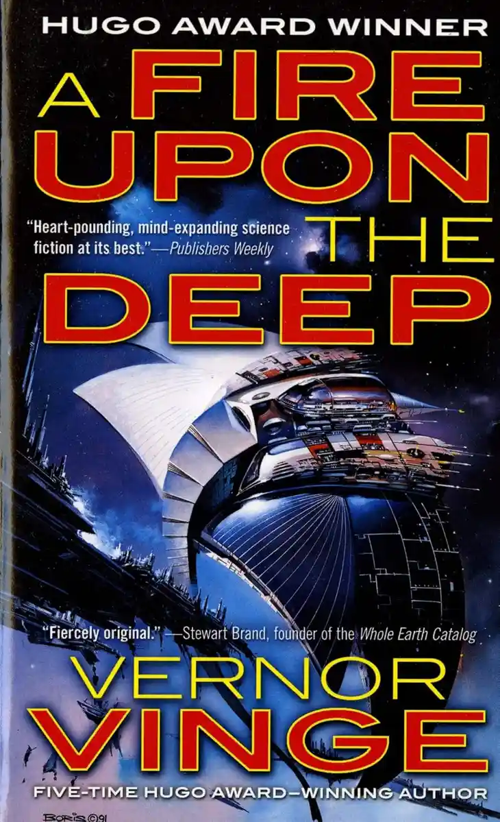The image shows the cover of the science fiction novel 'A Fire Upon the Deep' by Vernor Vinge, featuring a large, futuristic…