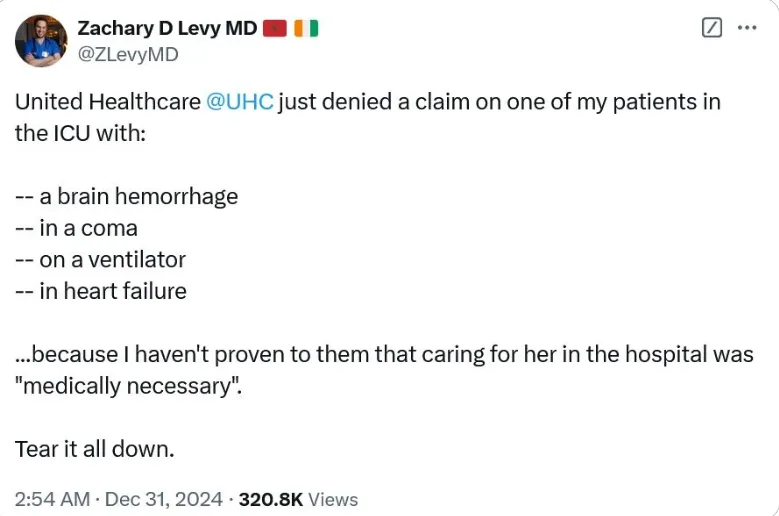 A screenshot of a tweet from Zachary D Levy MD detailing how United Healthcare denied a medical claim for a patient in…