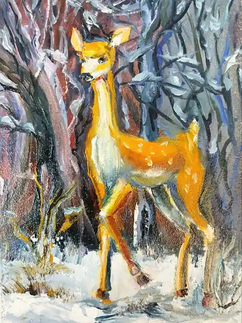 My oil painting captures the essence of a teenage deer.