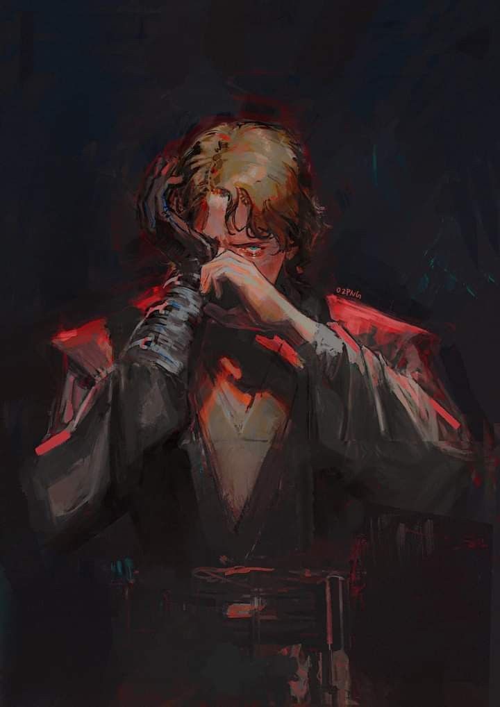 A dark, painterly image shows a person with light brown hair, wearing a dark jacket, covering their face with one hand in a…
