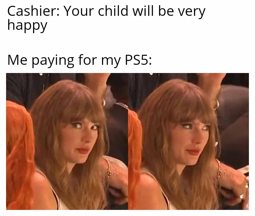 The image shows a split-screen of Taylor Swift looking skeptical and slightly annoyed, with the top text reading 'Cashier…