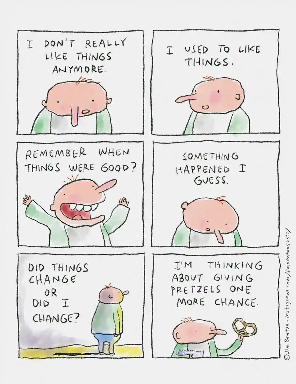 A six-panel comic strip shows a cartoon character expressing sadness about no longer liking things, recalling happier times…