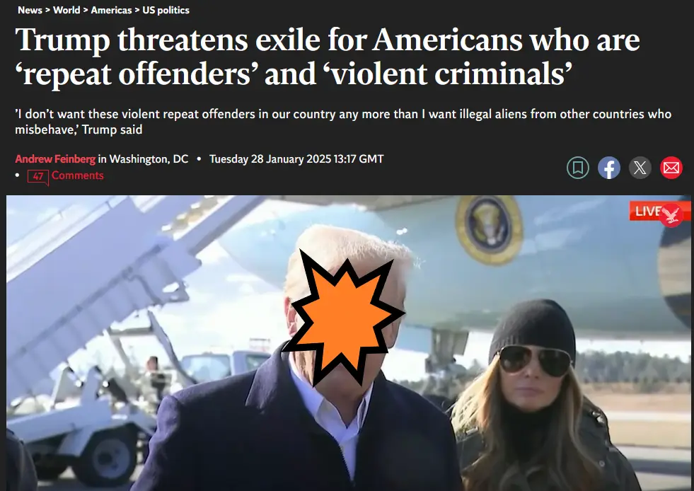 A screenshot of a news article headline about Trump threatening exile for repeat offenders and violent criminals, overlaid…