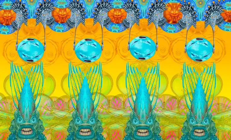 A psychedelic, kaleidoscopic image features repeating rows of stylized, grotesque alien-like faces with exaggerated…