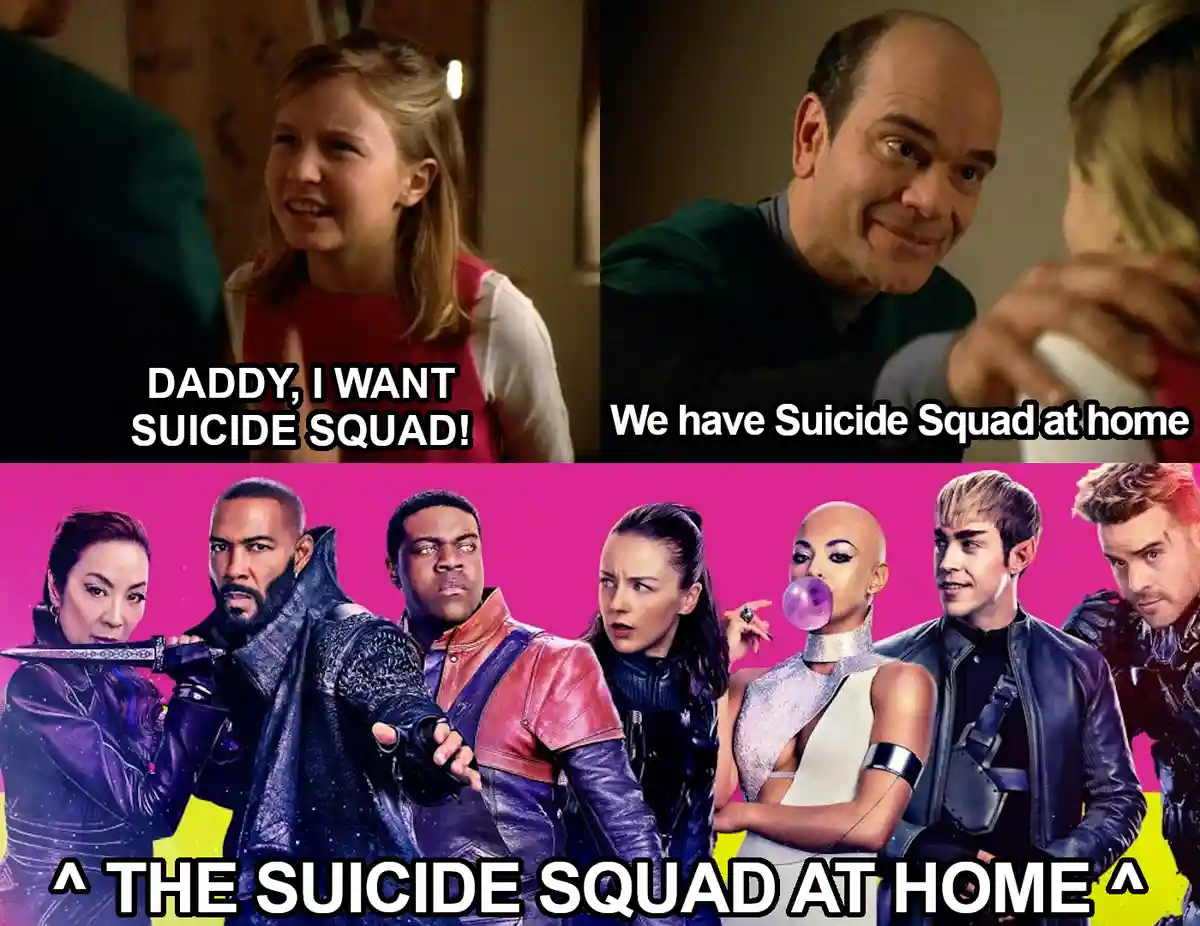The meme features two panels: top left shows a young girl asking her father for 'Suicide Squad,' and top right shows the…