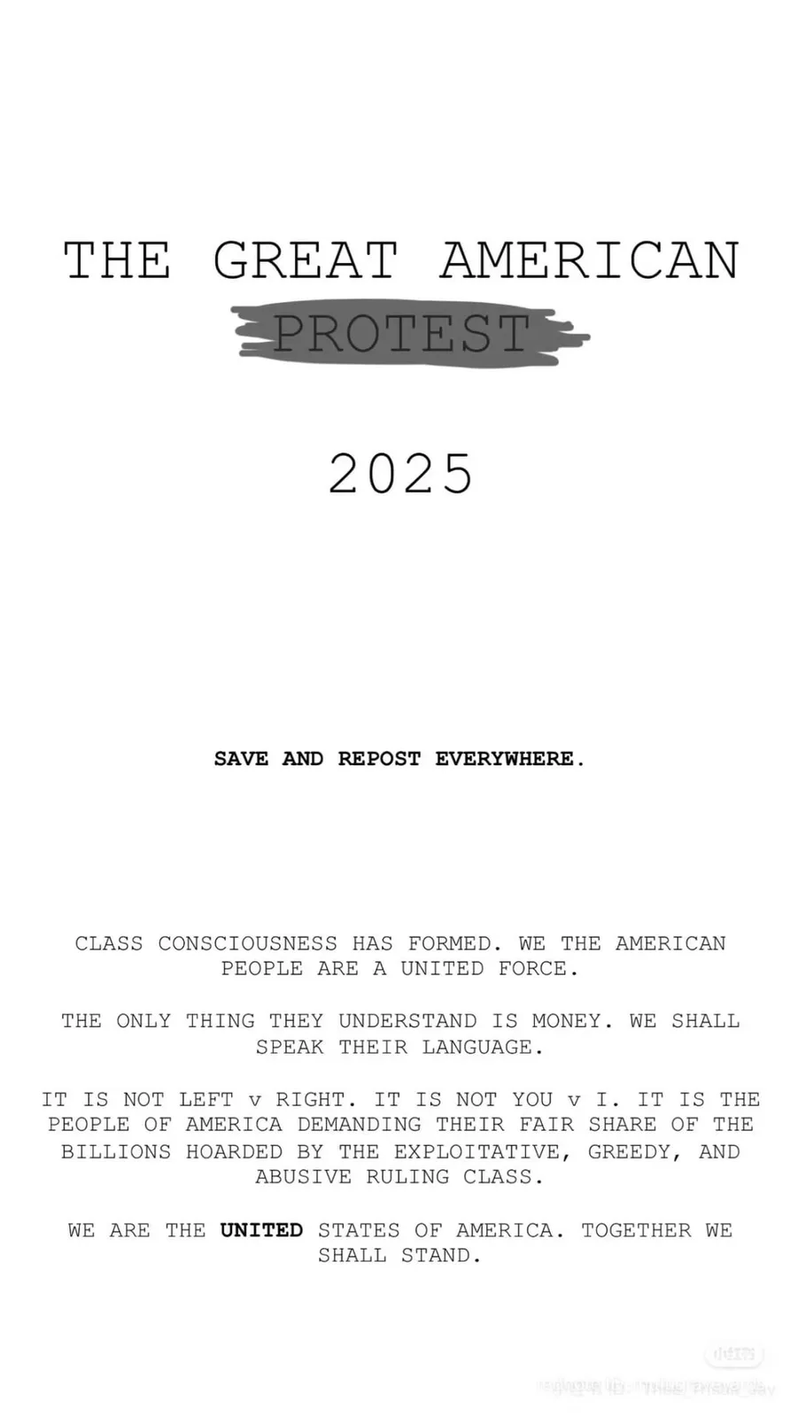 A white background image displays bold black text mimicking a protest manifesto. The title 'THE GREAT AMERICAN PROTEST' has…