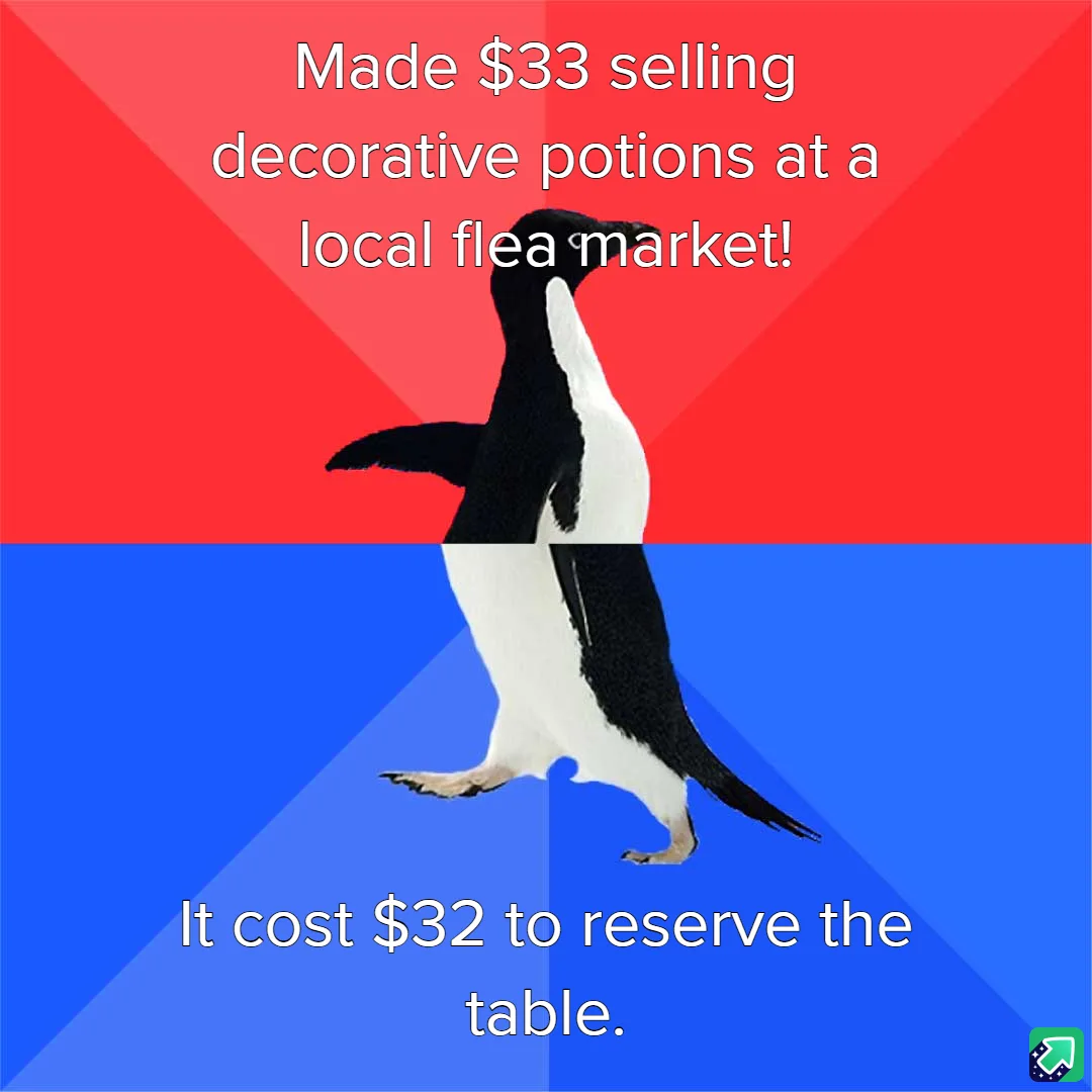 A penguin stands centered against a red and blue background, with white text overlaid. The top text reads 'Made $33 selling…