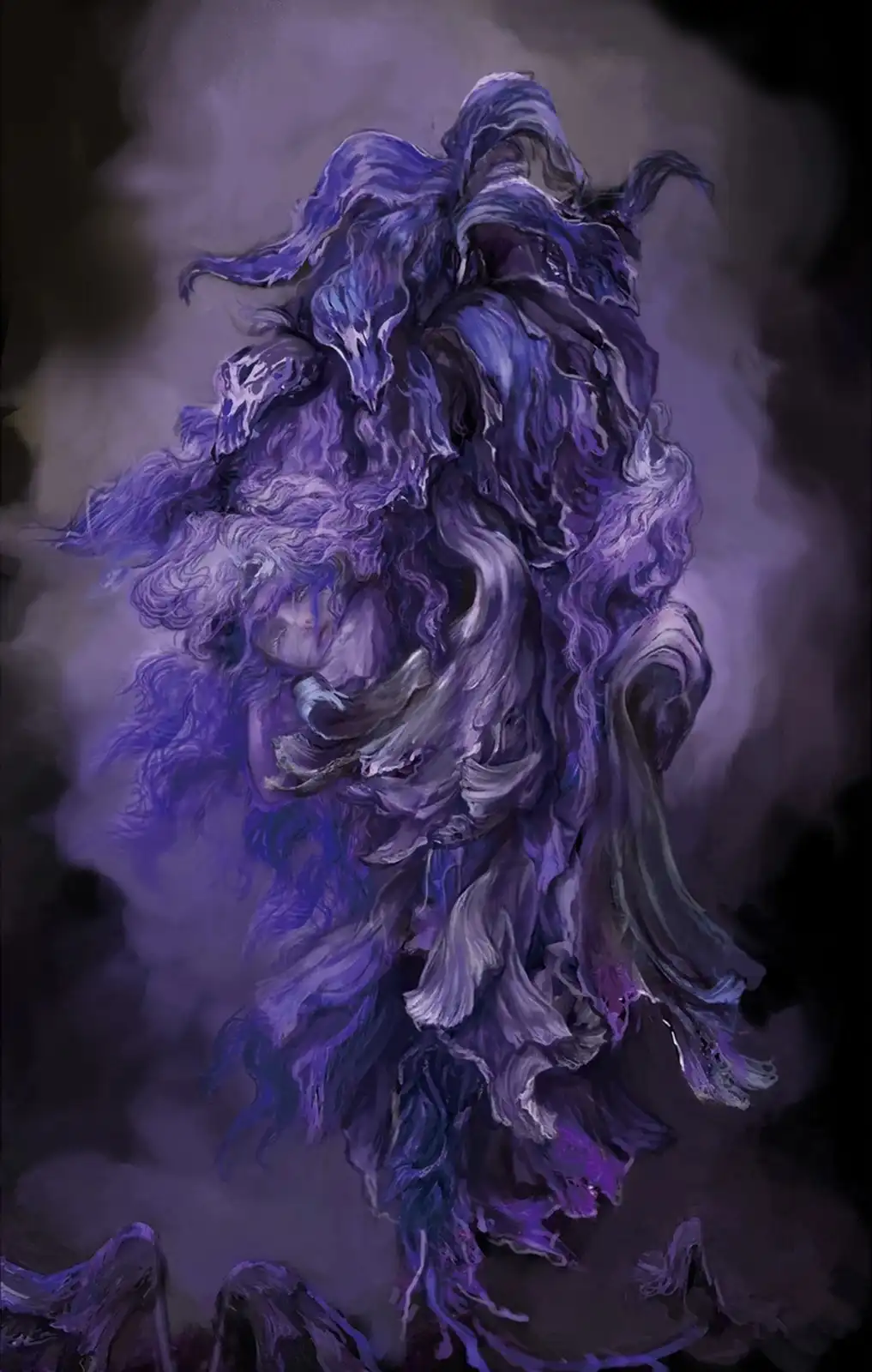 A dark, painterly image shows a figure with long, flowing purple hair and a pale face, partially obscured by swirling smoke…