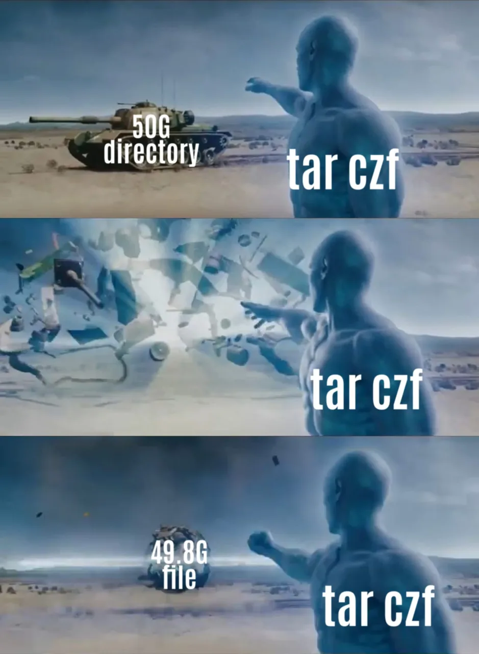 Three panels show a muscular, translucent figure pointing at a tank labeled '50G directory', then at a chaotic explosion of…