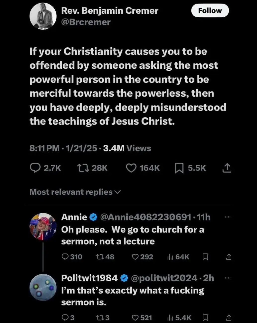 A screenshot of a Twitter thread shows a tweet from Rev. Benjamin Cremer stating that if Christianity causes offense at…