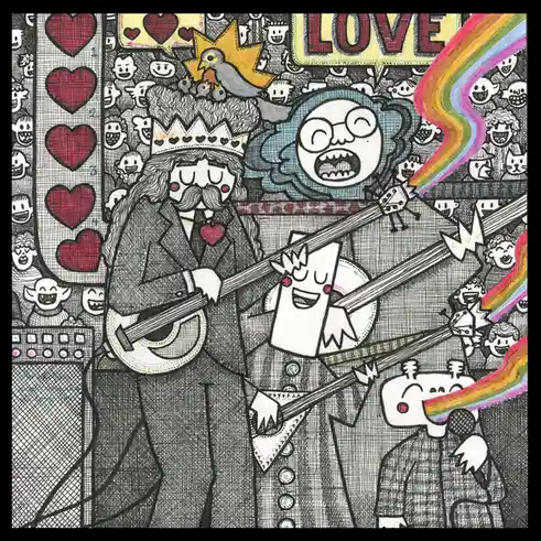 A cartoonish, densely illustrated image features a bearded man in a crown playing a guitar, surrounded by smiling faces…
