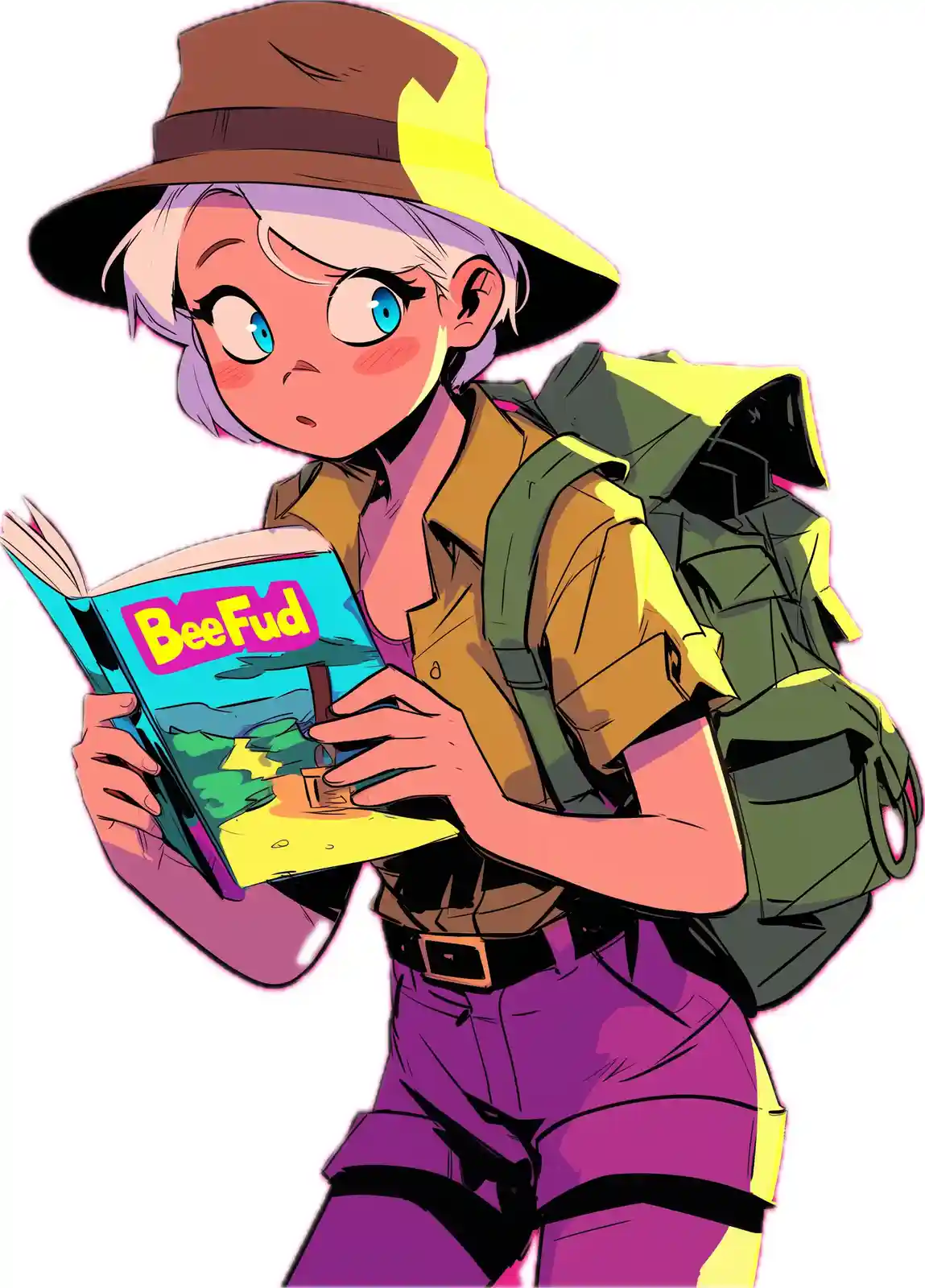 An anime-style adventurer with purple hair, a brown hat, and a green backpack is holding an open book titled 'BeeFud' while…