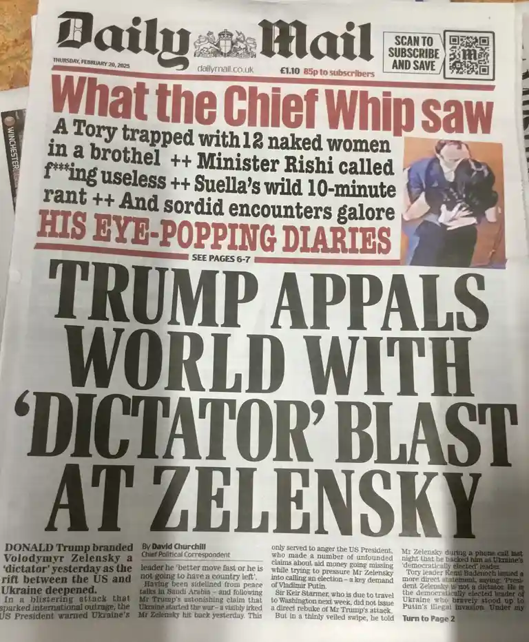 The image shows the front page of the Daily Mail newspaper dated February 20, 2025, featuring a large headline about Trump…
