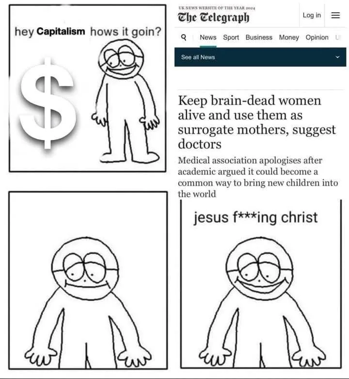 The image is a three-panel comic featuring a simple stick-figure character with a dollar sign next to it in the first panel…