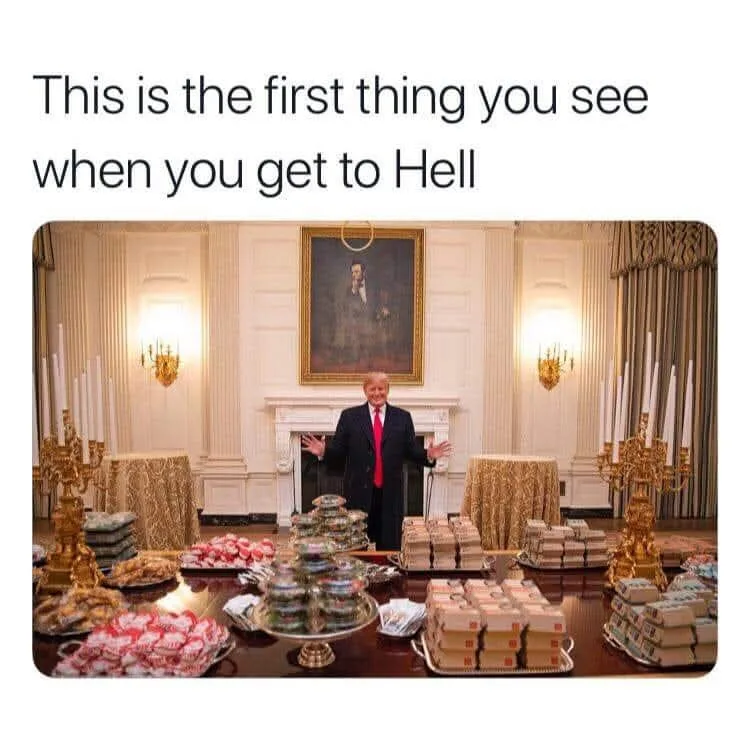 A man in a dark suit and red tie stands in an opulent room resembling the White House, gesturing expansively with both…