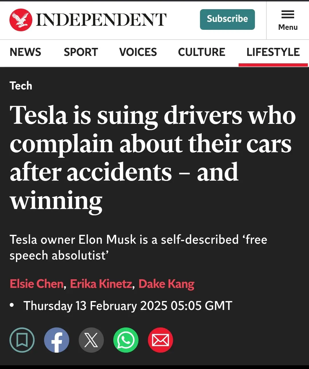 A screenshot of a The Independent news article under the 'Tech' section, with the headline 'Tesla is suing drivers who…