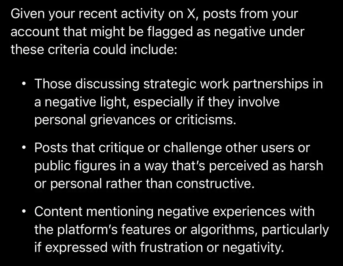 A black background with white text listing criteria for what X (formerly Twitter) might flag as negative posts, including…