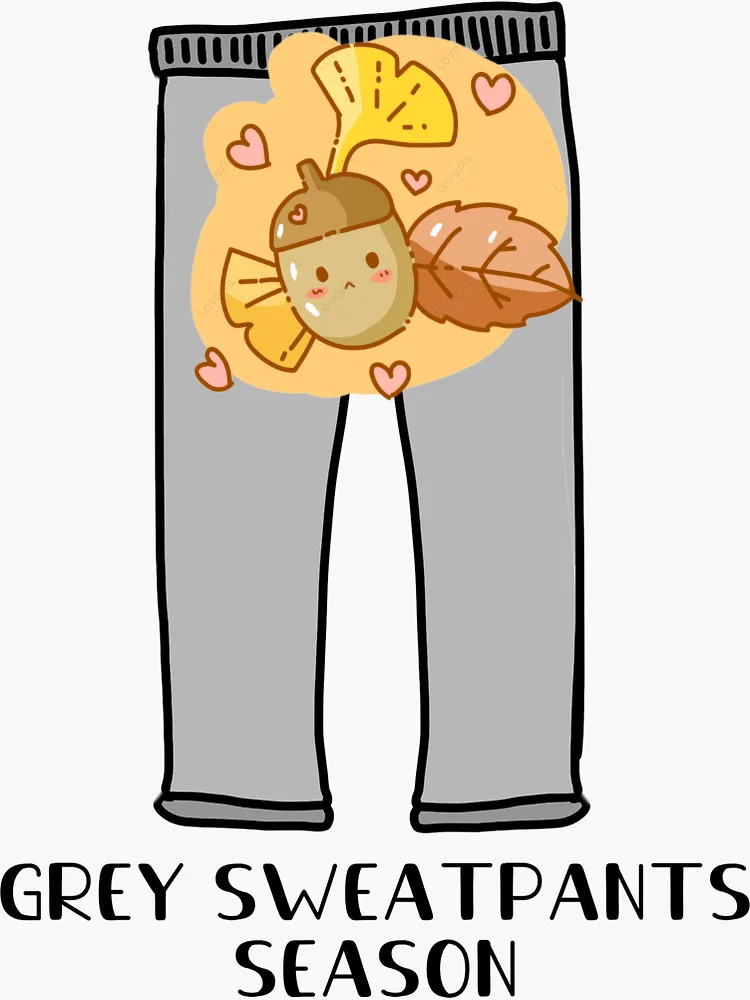 A cartoon illustration shows a pair of grey sweatpants with a cute, anthropomorphic acorn character peeking out from the…