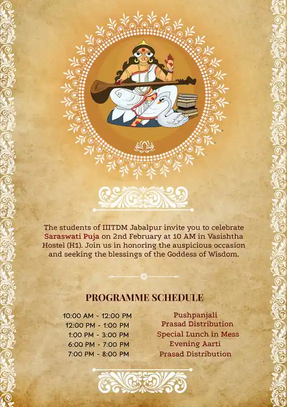 An official-looking invitation poster for Saraswati Puja at IIITDM Jabalpur, featuring a central illustration of the Hindu…