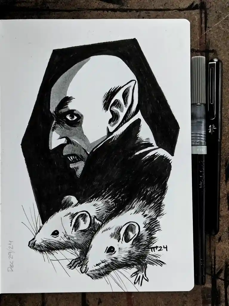 A black-and-white ink drawing on paper shows a stylized portrait of a bald, pointed-eared vampire-like figure with a…