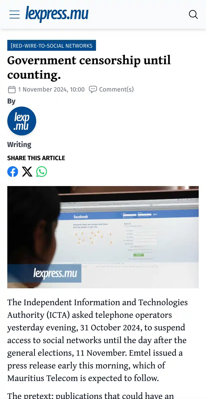 A screenshot of a news article from lexpress.mu shows a person viewing Facebook on a computer, with the headline 'Government…