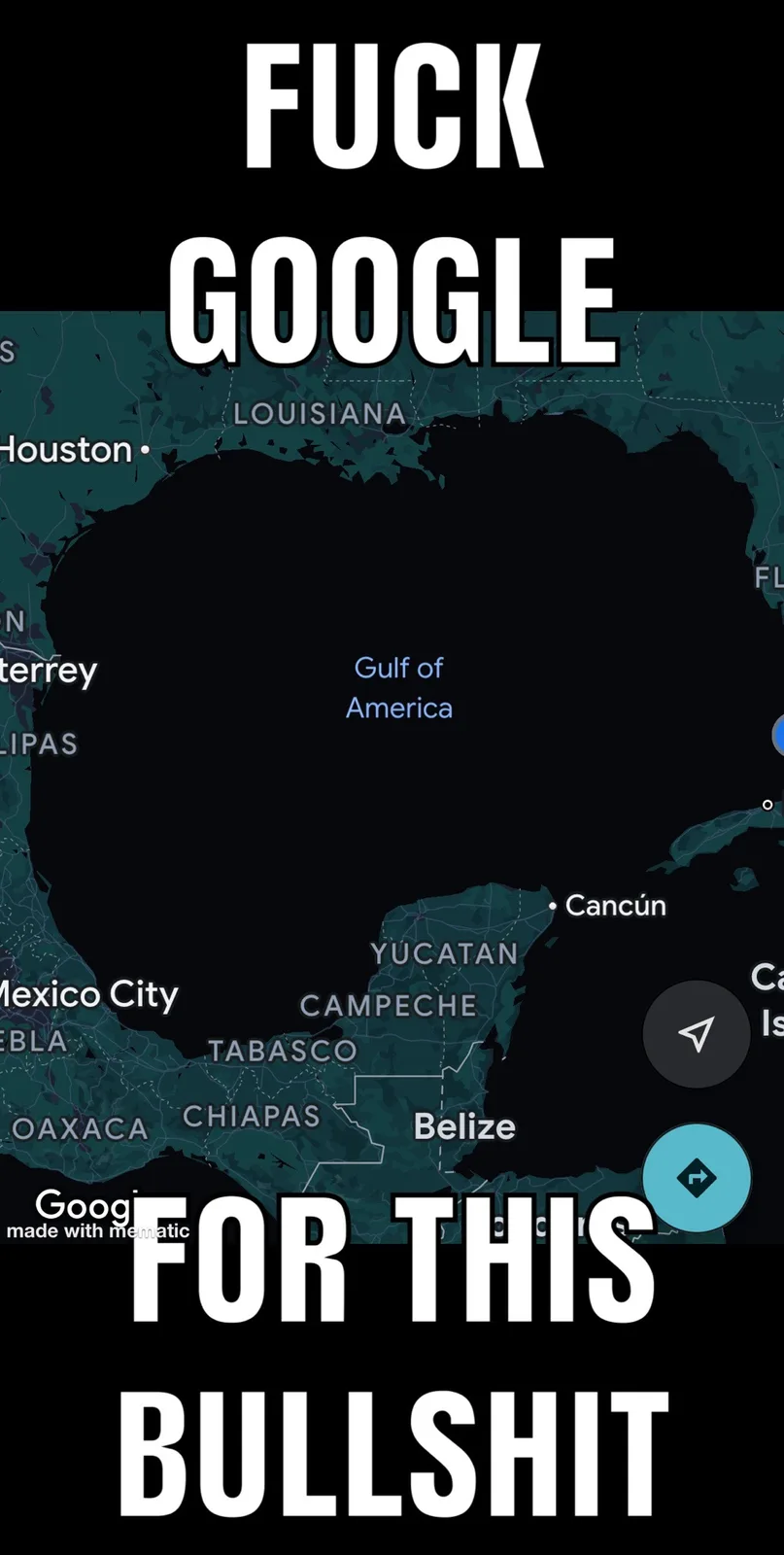A screenshot of a Google Maps interface showing the Gulf of Mexico region, where the water is labeled 'Gulf of America'…