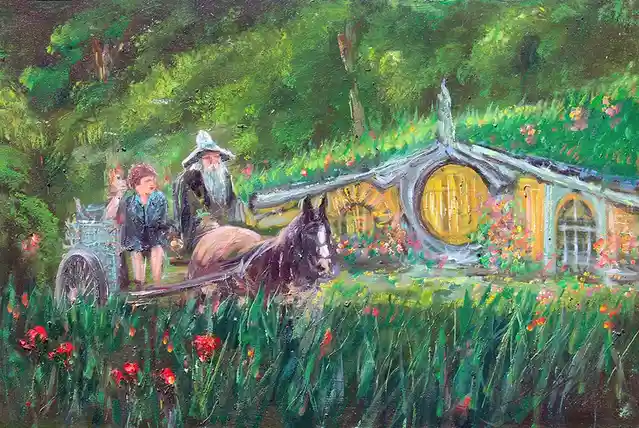 A painting depicts a hobbit house with a round yellow door nestled in a green hillside, surrounded by flowers and trees. In…