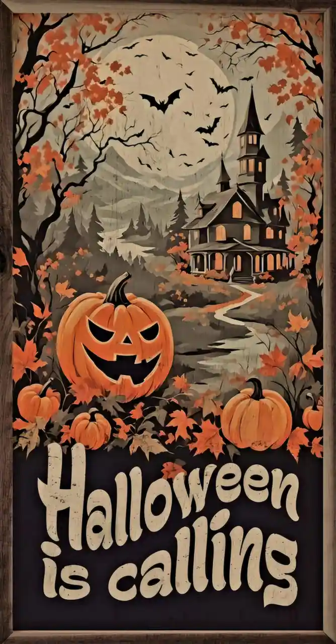 A vintage-style Halloween poster depicts a large carved jack-o'-lantern in the foreground surrounded by smaller pumpkins and…
