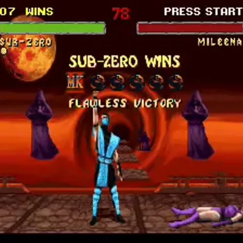 A screenshot from the Mortal Kombat video game shows Sub-Zero standing victorious with his arms raised, while his opponent…