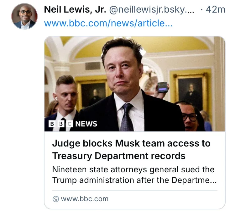 A screenshot of a BBC News article headline about a judge blocking Elon Musk's team from accessing Treasury Department…