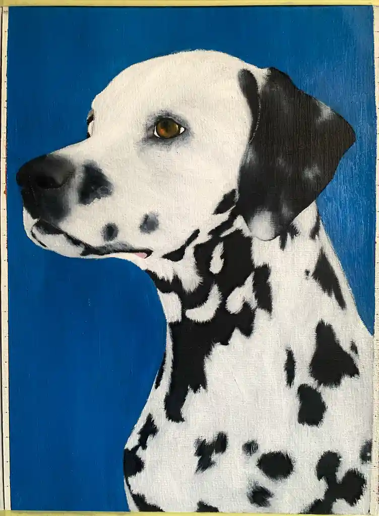 A painted portrait of a Dalmatian dog with black spots on a solid blue background, looking slightly to the side. The…