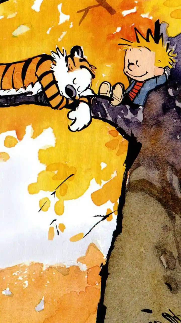 A cartoon depicts Calvin, a young boy with spiky blonde hair, and Hobbes, a tiger, both perched on the edge of a cliff…