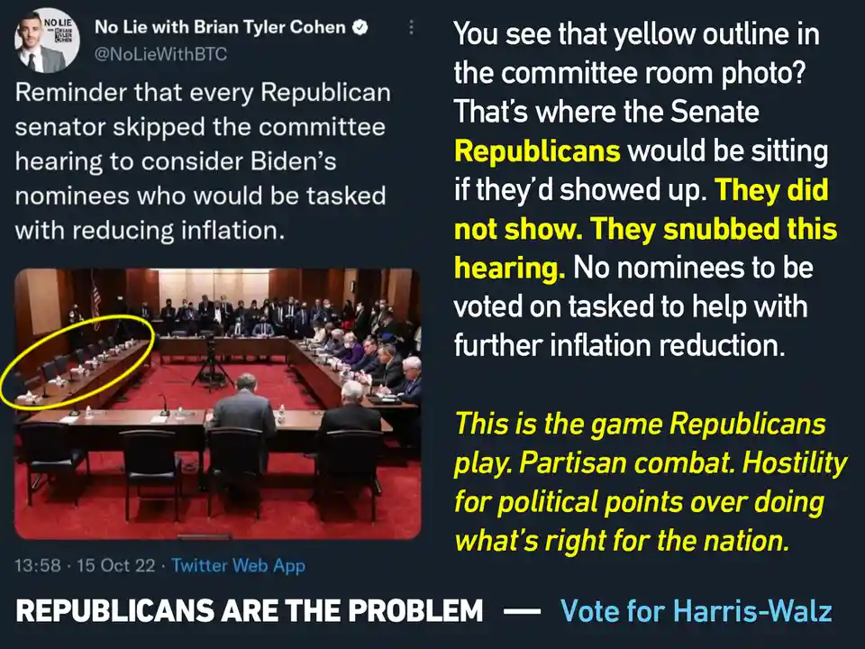 A screenshot of a tweet by Brian Tyler Cohen showing a photo of a Senate committee hearing with an empty row of chairs…