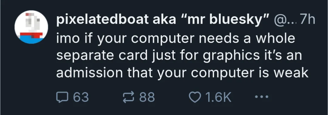 A screenshot of a social media post by 'pixelatedboat aka "mr bluesky"' with a dark background, white text, and a pixelated…