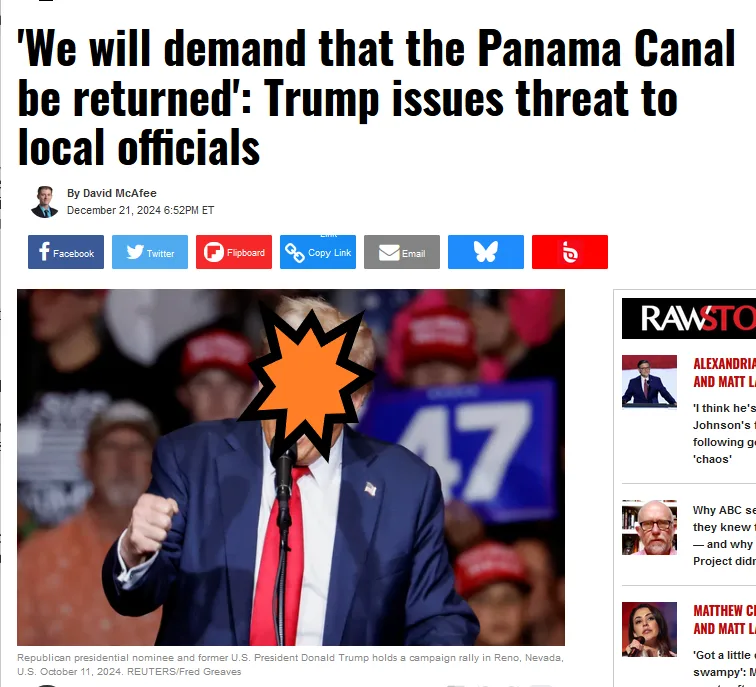 A screenshot of a news article with a headline about Trump threatening to demand the return of the Panama Canal. The image…
