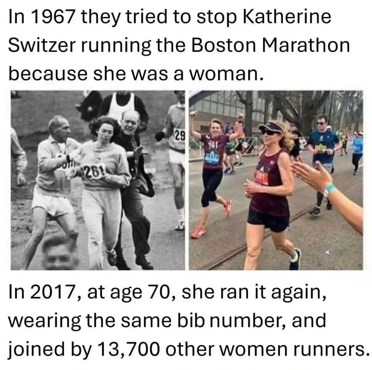 The image is a side-by-side comparison: the left panel is a black-and-white photo of a woman, Katherine Switzer, running a…
