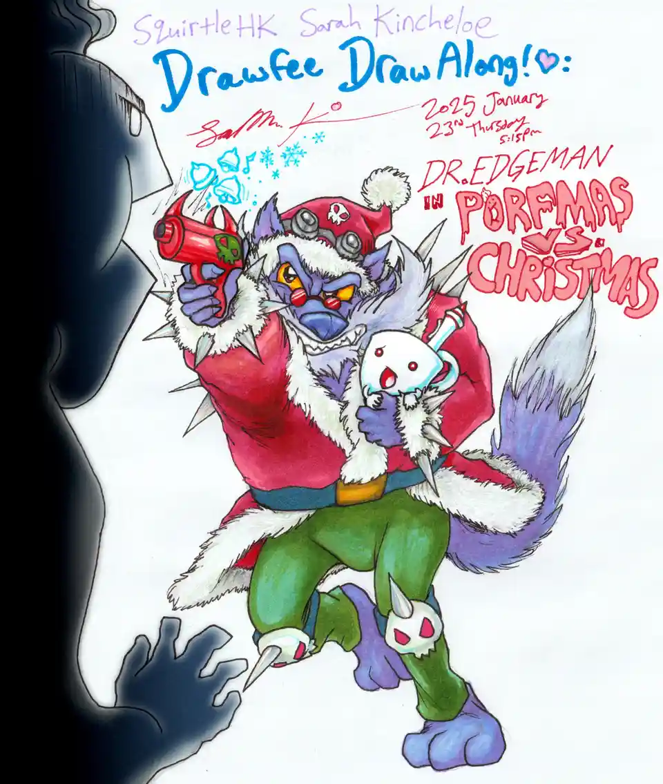 A cartoon drawing of a blue, furry, demonic-looking character wearing a red Santa hat with a skull, a red spiked vest, and…