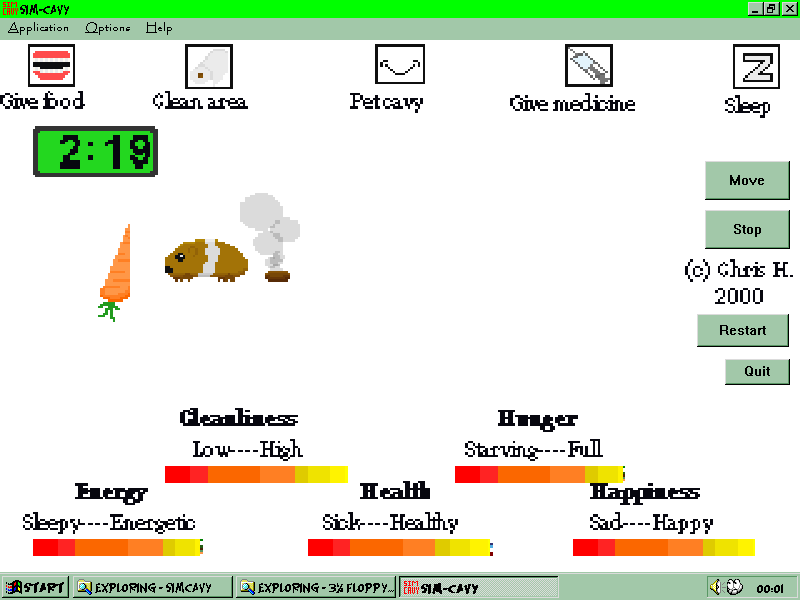 A screenshot of the 2000 game 'Sim-Cavy' shows a pixelated guinea pig next to a carrot, with status bars for Cleanliness…