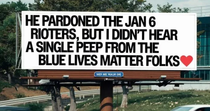 A large outdoor billboard displays bold black text on a white background, stating: 'HE PARDONED THE JAN 6 RIOTERS, BUT I…
