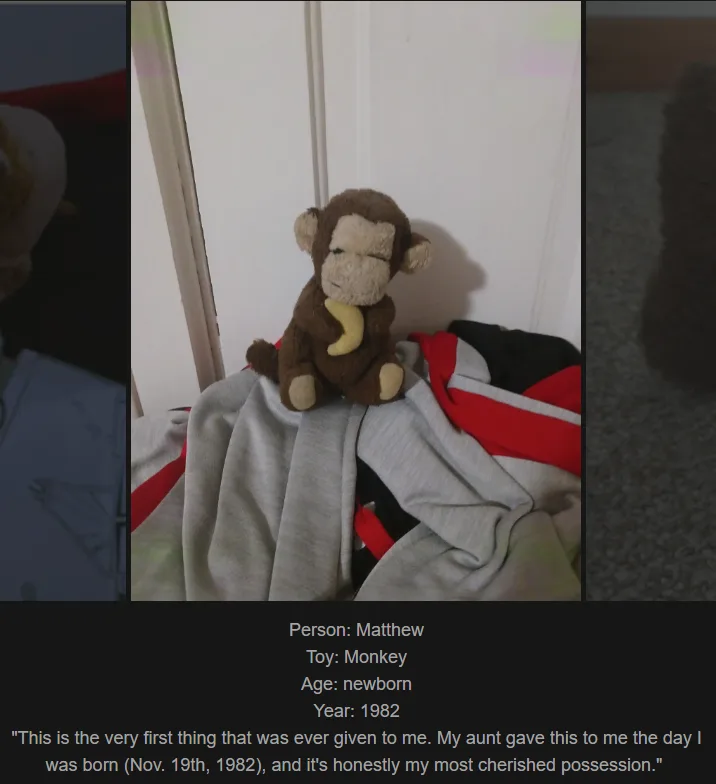 A brown plush monkey toy holding a banana sits atop a pile of clothes, with text overlay identifying it as Matthew's…