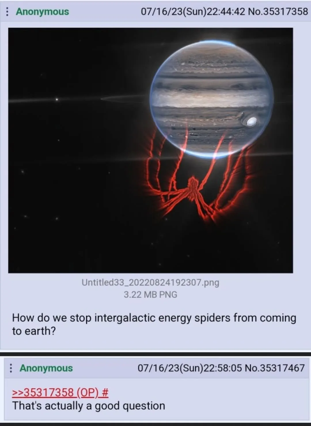An image of Jupiter with a large red spider-like energy creature emerging from behind it, overlaid with text asking 'How do…