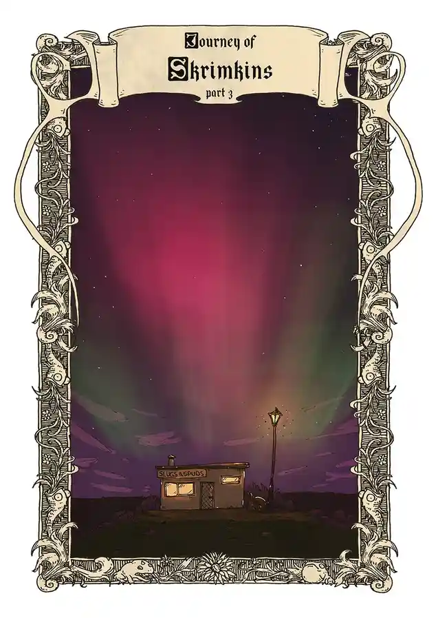 An ornate, vintage-style illustrated frame surrounds a scene of a small, solitary building labeled 'SLUGS & SPUDS' under a…