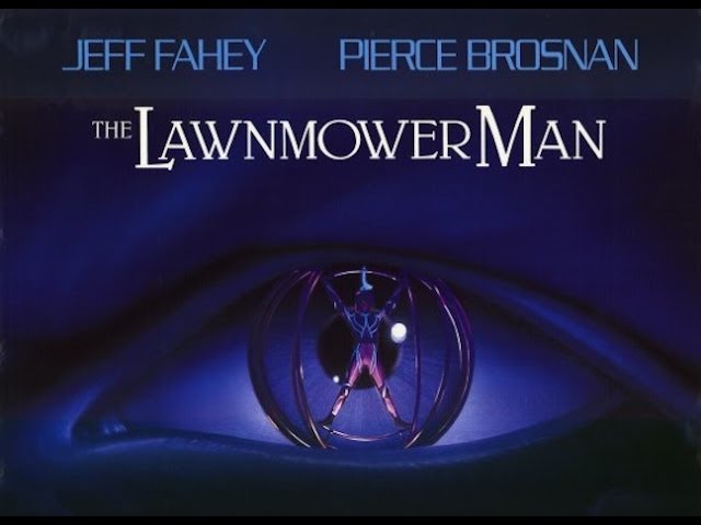 The movie poster for 'The Lawnmower Man' features a large, stylized human eye with a glowing, metallic sphere inside the…