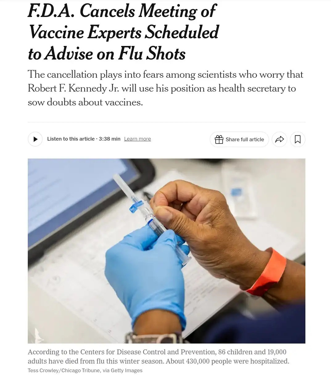 A news article screenshot shows a headline about the FDA canceling a vaccine expert meeting due to fears Robert F. Kennedy…